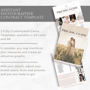 May include: A digital template for an assistant photographer contract. The template is customisable and available in US Letter and A4 sizes. The image also shows a pricing guide for photography services.