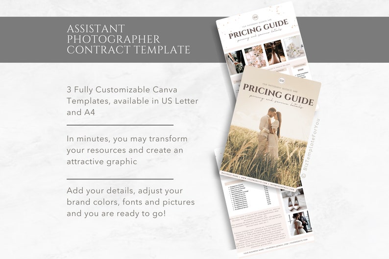 May include: A digital template for an assistant photographer contract. The template is customisable and available in US Letter and A4 sizes. The image also shows a pricing guide for photography services.
