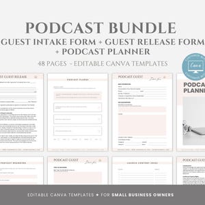 May include: A set of 48 printable podcast planner templates for Canva. The templates include a guest intake form, guest release form, and podcast planner. The templates are designed for small business owners.