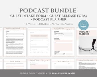 Editable Podcast Templates Bundle, Guest Intake Form, Guest Release Form, Podcast Starting Planner, Podcasting Tools, Canva editable