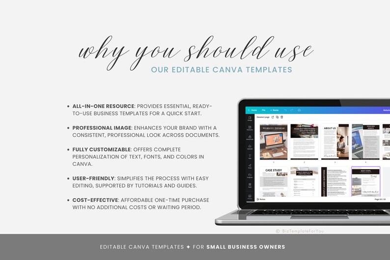 以下が含まれることがあります： Canvaのデザインテンプレートが「ウェブサイトデザイン」と「ケーススタディ」のテキストと共に表示されているラップトップの画面。ラップトップの上に「なぜ編集可能なCanvaテンプレートを使用する必要があるのか」というテキストが表示されています。