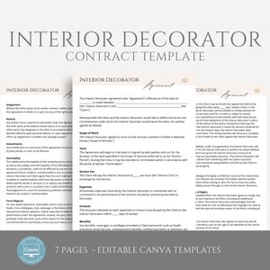 May include: A 7-page interior decorator contract template in a pink and white color scheme. The template is editable in Canva and includes sections for engagement, notices, irrevocability, service fee, and more.