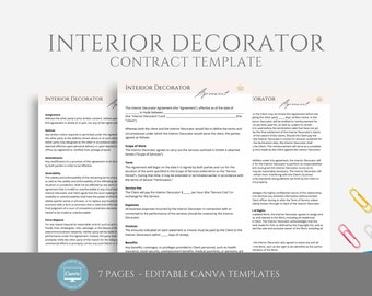 Editable Interior Decorator Contract Template, Decorator Service Agreement, Freelance Decorator Contract, Home Decorator Forms,  Canva
