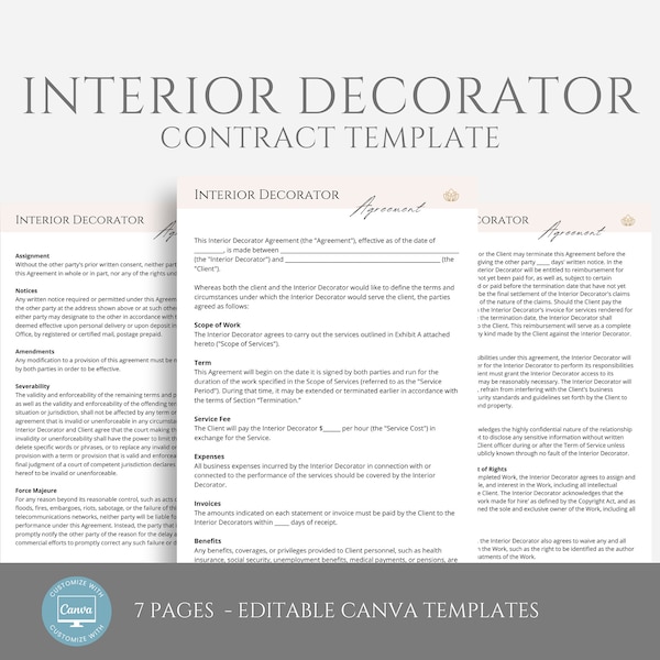 Editable Interior Decorator Contract Template, Decorator Service Agreement, Freelance Decorator Contract, Home Decorator Forms,  Canva