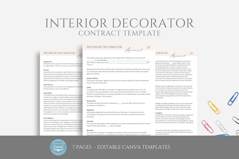 May include: A 7-page interior decorator contract template in a pink and white color scheme. The template is editable in Canva and includes sections for engagement, notices, irrevocability, service fee, and more.