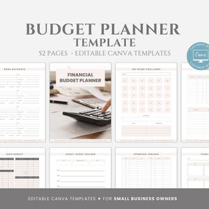 May include: A digital planner template for small business owners. The template includes 52 pages with sections for budgeting, bank accounts, spending tracking, and more. The template is editable in Canva.