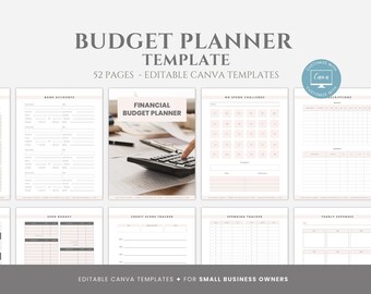 May include: A digital planner template for small business owners. The template includes 52 pages with sections for budgeting, bank accounts, spending tracking, and more. The template is editable in Canva.