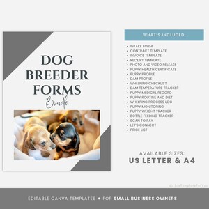 May include: A digital download of editable Canva templates for dog breeder forms. The image shows a bundle of forms with a gray background and the text "DOG BREEDER FORMS Bundle". The image also shows two adorable puppies cuddling in a white basket.