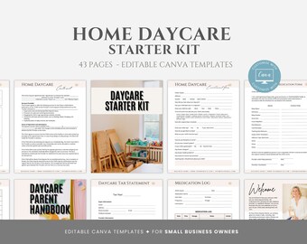 May include: A set of 43 printable pages for a home daycare starter kit. The pages are designed to be edited in Canva and include forms for contracts, medication logs, tax statements, and a parent handbook. The pages feature a light brown and cream color scheme with a minimalist design.
