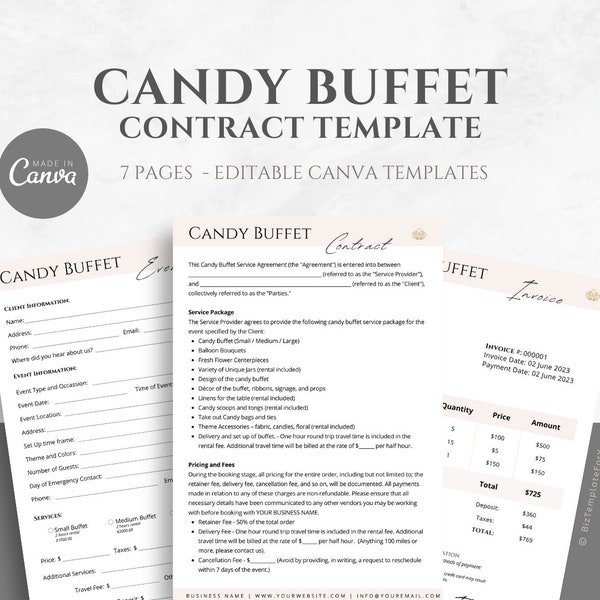 Editable Candy Buffet Contract Template, Dessert Table Service Agreement, Catering Business Forms, Event Services Business Template Form