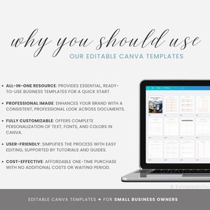 以下が含まれることがあります： 「why you should use our editable Canva templates」というテキストが表示されたCanvaのデザインテンプレートを表示しているラップトップコンピューター。このテキストは、これらのテンプレートを使用することの利点を強調しており、オールインワンリソースであること、プロの画像を強化すること、完全にカスタマイズ可能であること、ユーザーフレンドリーであること、費用対効果が高いことを示しています。