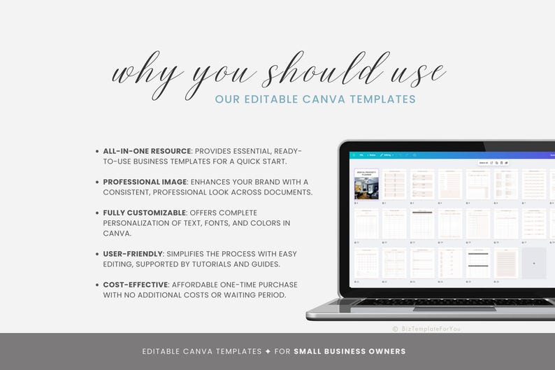 以下が含まれることがあります： 「why you should use our editable Canva templates」というテキストが表示されたCanvaのデザインテンプレートを表示しているラップトップコンピューター。このテキストは、これらのテンプレートを使用することの利点を強調しており、オールインワンリソースであること、プロの画像を強化すること、完全にカスタマイズ可能であること、ユーザーフレンドリーであること、費用対効果が高いことを示しています。