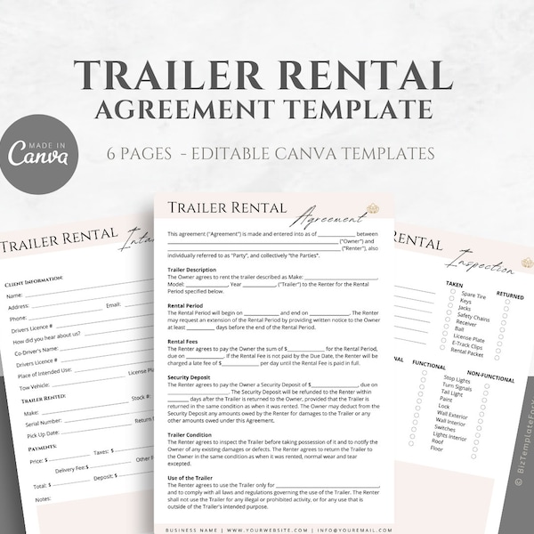 Editable Trailer Rental Agreement Template, Trailer Rental Contract, Transportation Trailer Lease Contract, editable in Canva