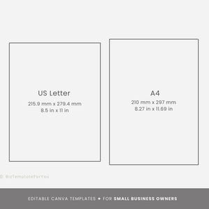 May include: Two white squares with black outlines, each showing the dimensions of a standard paper size. The left square shows "US Letter" with the dimensions 8.5 inches by 11 inches. The right square shows "A4" with the dimensions 8.27 inches by 11.69 inches.