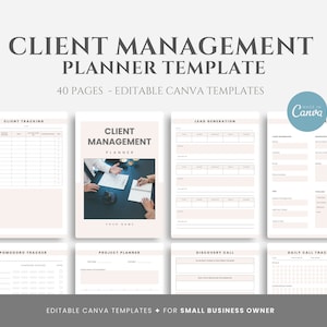 Könnte beinhalten: Eine digitale Planervorlage für das Kundenmanagement mit 40 Seiten editierbarer Canva-Vorlagen. Das Titelbild zeigt ein Geschäftstreffen mit einem Laptop und Papieren auf einem Tisch. Der Text "CLIENT MANAGEMENT PLANNER" ist in einer fetten, serifenlosen Schrift dargestellt.