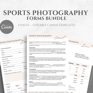 Peut inclure: Un ensemble de quatre formulaires imprimables pour les entreprises de photographie sportive. Les formulaires comprennent un formulaire de prise de contact client, un contrat, une facture et une fiche d'information sur la séance photo. Les formulaires sont conçus dans un style minimaliste avec un fond rose clair et du texte noir.