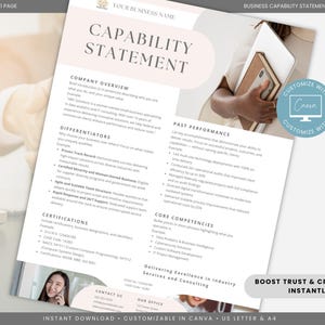 Könnte beinhalten: Eine Vorlage für eine Geschäftsfähigkeitserklärung mit einem Design in zartem Rosa und Weiß. Das Dokument enthält Abschnitte für Unternehmensübersicht, Unterscheidungsmerkmale, bisherige Leistungen, Kernkompetenzen und Zertifizierungen.