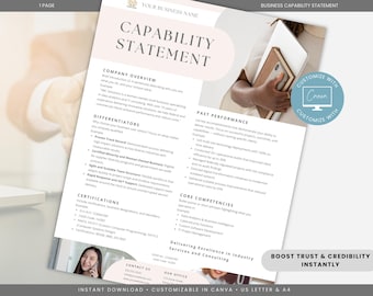 Editable Business Capability Statement Template, Capability Statement for Government Contracting, Small Business Marketing Sheet, Canva