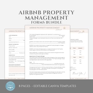 K&ouml;nnte beinhalten: Ein Satz von acht editierbaren Canva-Vorlagen f&uuml;r die Verwaltung von Airbnb-Immobilien. Die Vorlagen beinhalten Formulare f&uuml;r Kundeninformationen, Immobilieninformationen, Managementanforderungen und einen Vertrag. Die Vorlagen sind in einem minimalistischen Stil mit einem hellbeigen Hintergrund und schwarzem Text gestaltet.