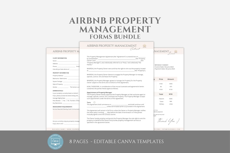 K&ouml;nnte beinhalten: Ein Satz von acht editierbaren Canva-Vorlagen f&uuml;r die Verwaltung von Airbnb-Immobilien. Die Vorlagen beinhalten Formulare f&uuml;r Kundeninformationen, Immobilieninformationen, Managementanforderungen und einen Vertrag. Die Vorlagen sind in einem minimalistischen Stil mit einem hellbeigen Hintergrund und schwarzem Text gestaltet.
