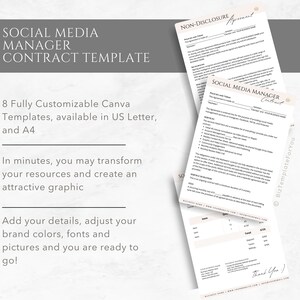 Puede incluir: Una descarga digital de ocho plantillas de Canva personalizables para un contrato de gerente de redes sociales. Las plantillas est&aacute;n disponibles en los tama&ntilde;os US Letter y A4. El texto en la imagen dice "Plantilla de contrato de gerente de redes sociales".