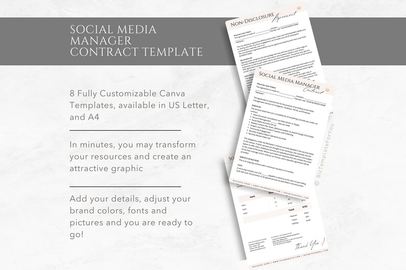 Puede incluir: Una descarga digital de ocho plantillas de Canva personalizables para un contrato de gerente de redes sociales. Las plantillas est&aacute;n disponibles en los tama&ntilde;os US Letter y A4. El texto en la imagen dice "Plantilla de contrato de gerente de redes sociales".