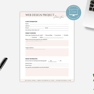 May include: A printable web design project worksheet with sections for client information, project overview, and brand information. The worksheet includes fields for name, address, phone, email, website type, primary goals, target audience, brand colors, and brand fonts.