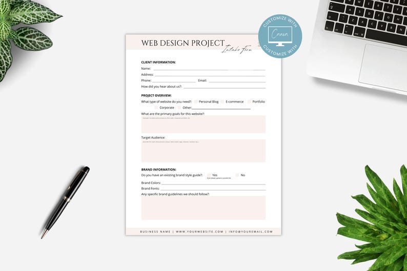 May include: A printable web design project worksheet with sections for client information, project overview, and brand information. The worksheet includes fields for name, address, phone, email, website type, primary goals, target audience, brand colors, and brand fonts.