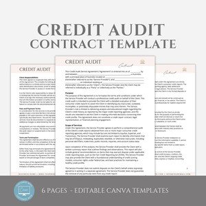 Può includere: Un modello di contratto di revisione del credito con il titolo in alto. Il modello include il testo "Credit Audit Contract Template" e "6 Pages - Editable Canva Templates". Il contratto è su uno sfondo beige chiaro.