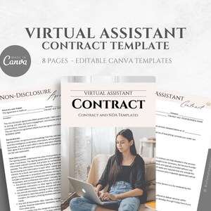 May include: A virtual assistant contract template with a woman working on a laptop. The template includes a non-disclosure agreement (NDA) and a contract. The template is available in 8 pages and is editable in Canva.