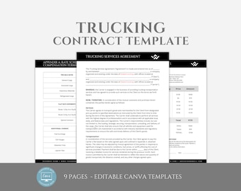 May include: A black and white trucking contract template with the title "Trucking Contract Template" and the text "Appendix A Rate Schedule Compensation Terms" and "Trucking Services Agreement".