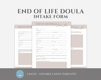 Editable End of Life Doula Client Intake Form Template, Death Doula Client Evaluation Questionnaire, Editable Canva Template for Doulas