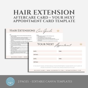 Editable Hair Extensions Aftercare Card Template, Hair Extensions Aftercare Guide, Appointment Card, Printable Appointment Reminder, Canva