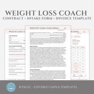 May include: A set of eight printable weight loss coaching documents in pink and white. The documents include a contract, intake form, and invoice template. The text on the documents reads "Weight Loss Coaching Contract", "Weight Loss Coaching", "Weight Loss Co", and "Coaching Service".