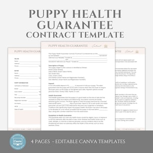 Editable Puppy Health Guarantee Contract Template, Puppy Adoption Agreement, Dog Breeder Contract Forms, Puppy Contract of Sale, Canva