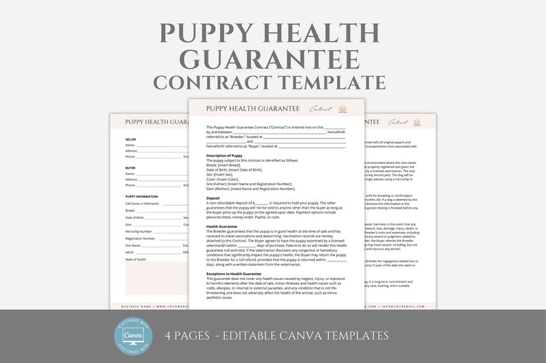 Editable Puppy Health Guarantee Contract Template, Puppy Adoption ...