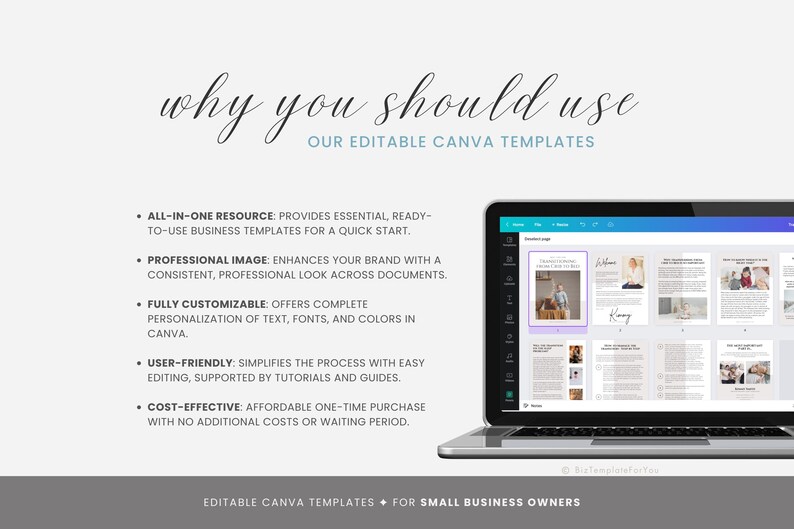 May include: A laptop computer displaying a Canva design template with the text "Why you should use our editable Canva templates". The text highlights the benefits of using Canva templates, including being an all-in-one resource, providing a professional image, being fully customizable, user-friendly, and cost-effective.