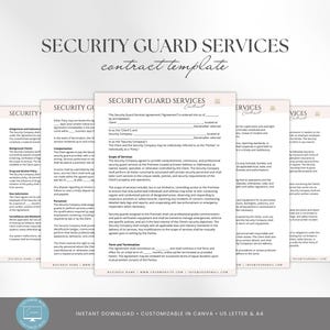 May include: A stack of beige and white Security Guard Services contract templates. The title "Security Guard Services" is displayed in a decorative font. The words "contract template" are written in a script font. The bottom of the image has the words "Instant Download" and "Customizable in Canva".