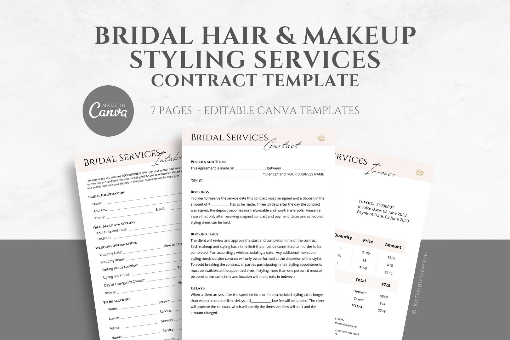 Editable Bridal Hair and Wedding Makeup Contract Template, incl. Intake Form and Invoice Template, Service Agreement Bundle, Canva editable
