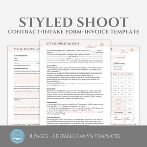 May include: A styled photoshoot contract, intake form, and invoice template. The template is designed for photographers and includes sections for client information, photoshoot details, artistic style, compensation, and an invoice.