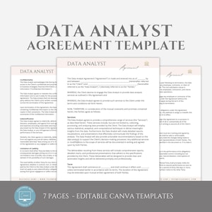 Puede incluir: Una plantilla de contrato de analista de datos editable de 7 páginas para Canva. La plantilla está diseñada para ser utilizada por analistas de datos y sus clientes para definir el alcance del trabajo, los entregables y los términos de pago.