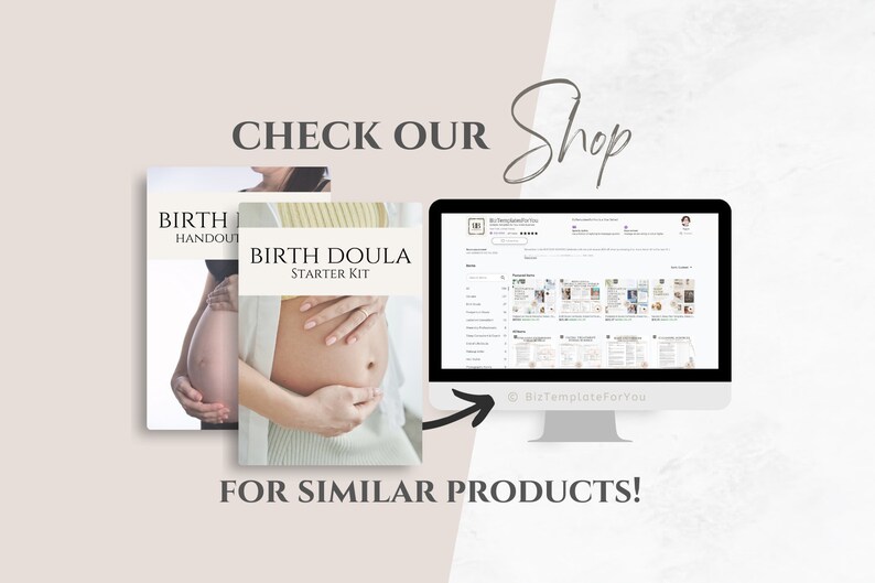 May include: A computer screen displaying a website with a list of printable birth doula templates. The website is called BizTemplateForYou. Two images of pregnant women are shown on the left side of the image with the text "Birth Doula Starter Kit" and "Birth Handout". The text "Check Our Shop" is at the top of the image and the text "For Similar Products!" is at the bottom of the image.