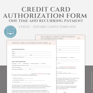 Editable Credit Card Authorization Form Template, Credit Card Intake, Recurring Credit Card Payment Authorization Form, Canva Template