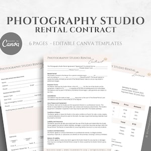Op de afbeelding: Een huurcontract en factuur voor een fotostudio. Het contract omvat een huurperiode, betalingsvoorwaarden, het gebruik van ruimte en apparatuur, en verzekeringsvoorwaarden. De factuur bevat een lijst van diensten, prijzen en een totaalbedrag.