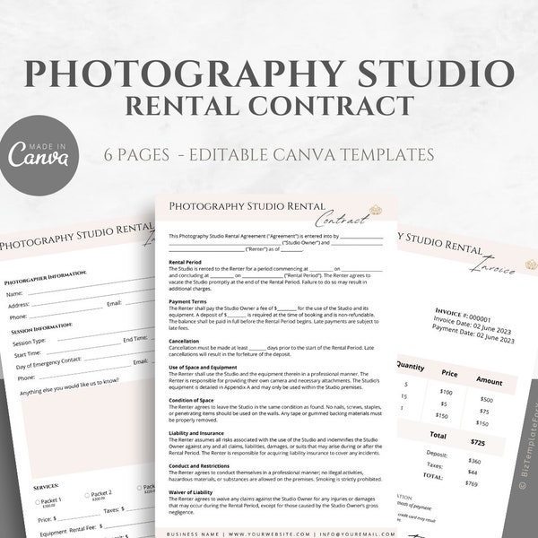 Editable Photography Studio Rental Agreement, Studio Rental Contract Form, Studio Rental Photography Contract Template, Photographer Canva