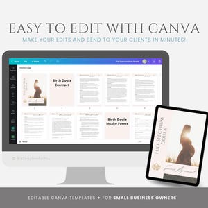 Op de afbeelding: Een computerscherm met een Canva-sjabloon voor een geboorte-doulacontract en intakeformulieren. Een aparte afbeelding toont een overeenkomst voor een full-spectrum doula-service met een vrouw op de achtergrond.