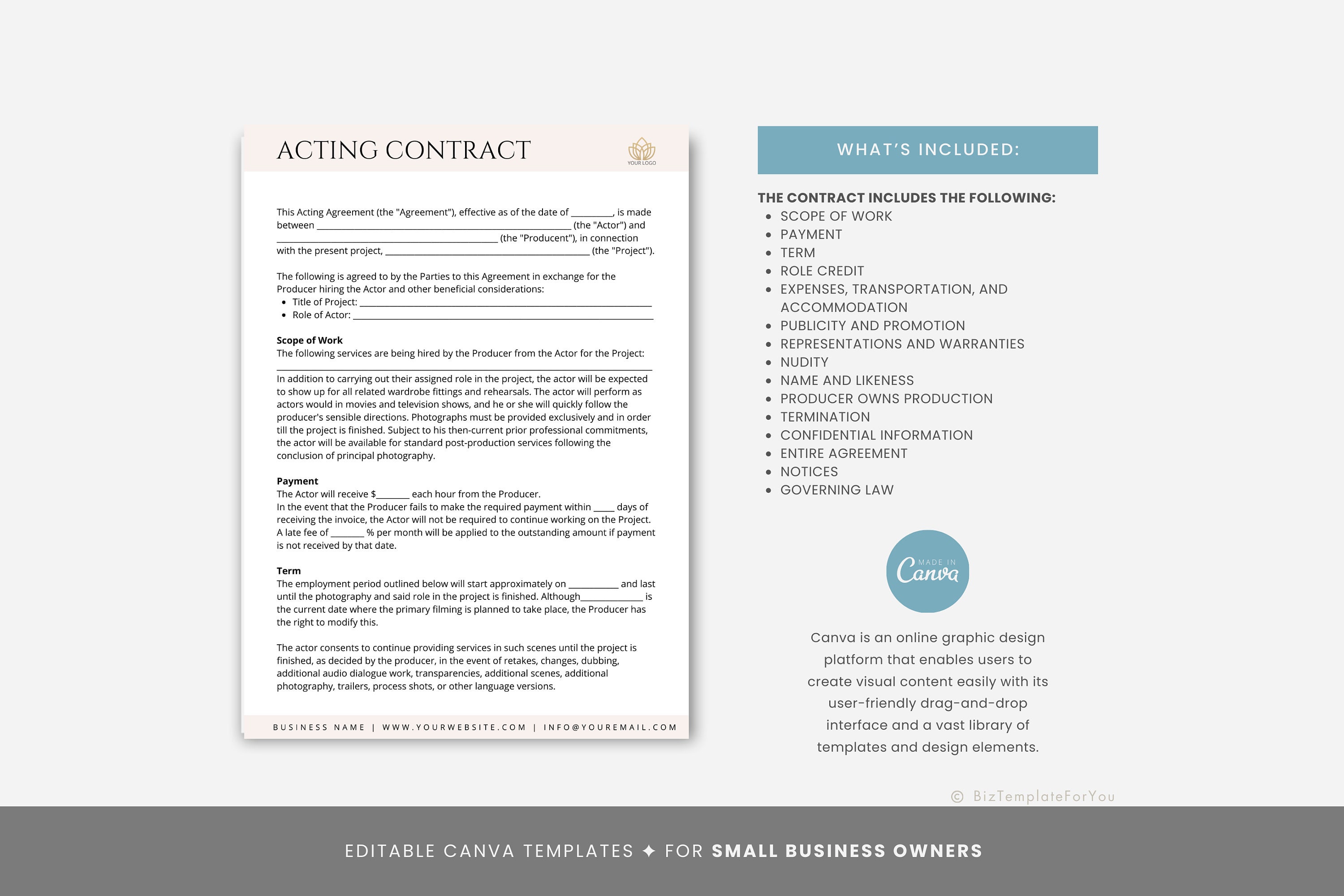 Sample Animation Contract Editable Acting Contract Template, Actor Agreement, Professional Actor ...