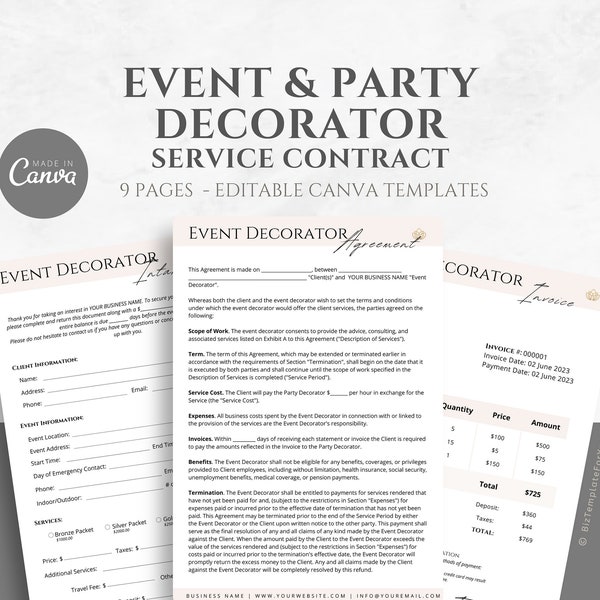 Editable Event Decorating Services Contract Template, Party Decorator Business Forms, Event Decorator Service Agreement, Canva editable