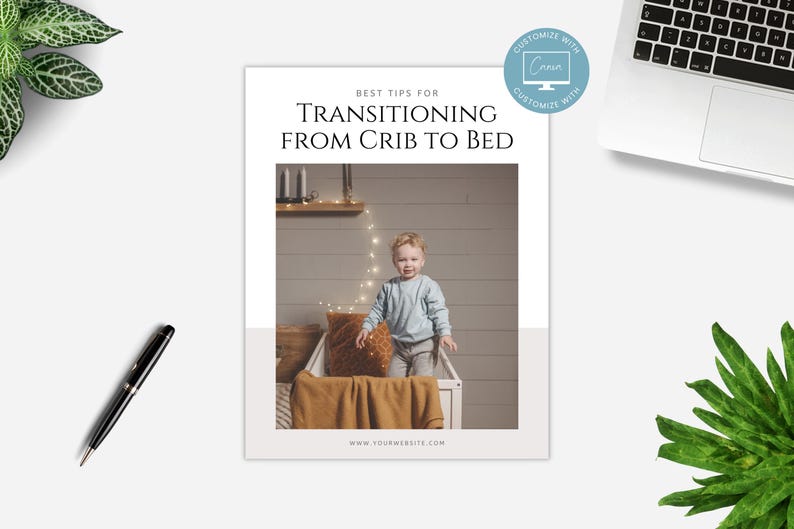 May include: A printable guide with the title "Best Tips for Transitioning from Crib to Bed". The guide features a photo of a young child standing in a bed with a white blanket and a brown throw pillow. The child is wearing a light blue shirt and jeans. The background is a light gray wall with string lights.