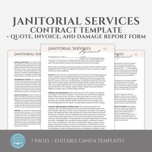 Editable Janitorial Services Contract Template, incl. Invoice Template, Quote Template and Damage Report Template, Editable in Canva